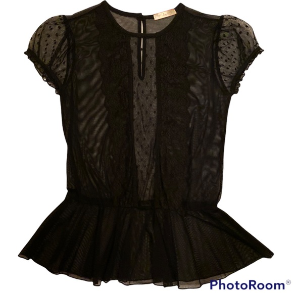 RARE SEXY VINTAGE SHEER BLACK TOP W LACE, CAP SLEEVES CINCHED WAIST BLOUSE - Picture 11 of 11